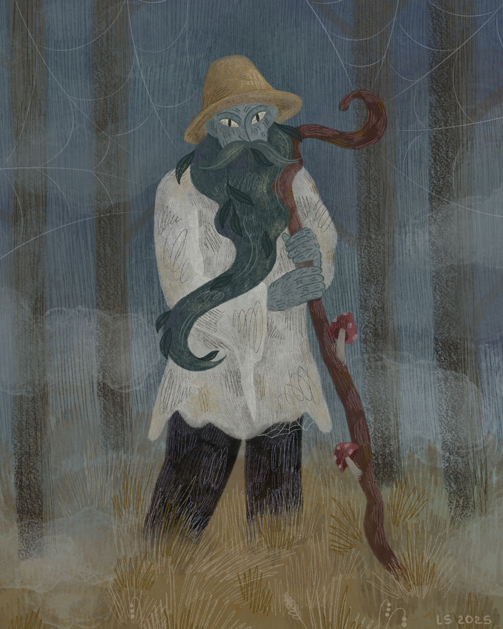 An old man with a long beard, a body covered in hair, and a crooked stick. 