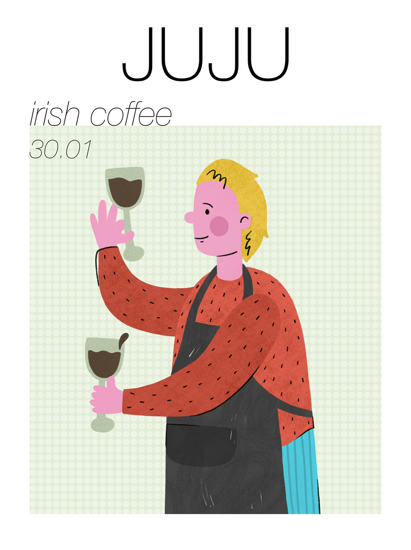 Irish coffee pop-up poster featuring hand-drawn glasses of Irish coffee and a barman. 