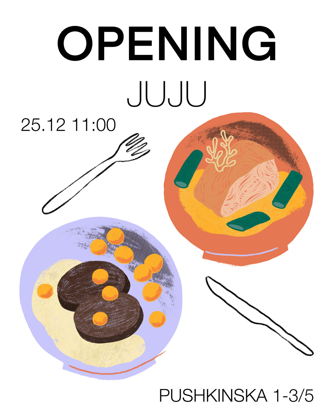 A poster that reads Opening Juju 25.11 11:00 with colourful hand-drawn illustrations of dishes. 