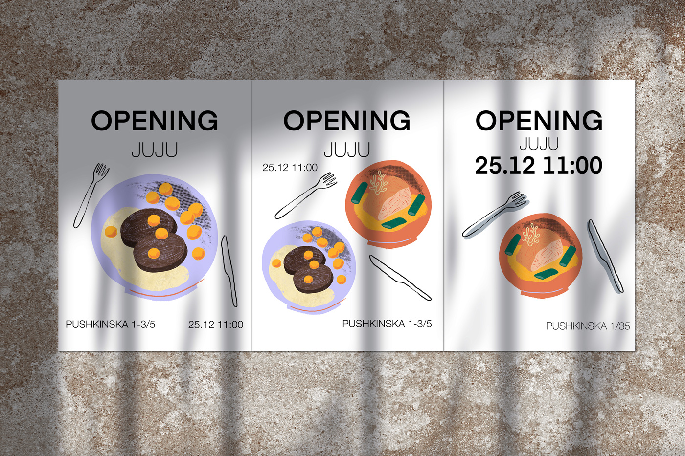 A grungy wall with the three opening posters. 