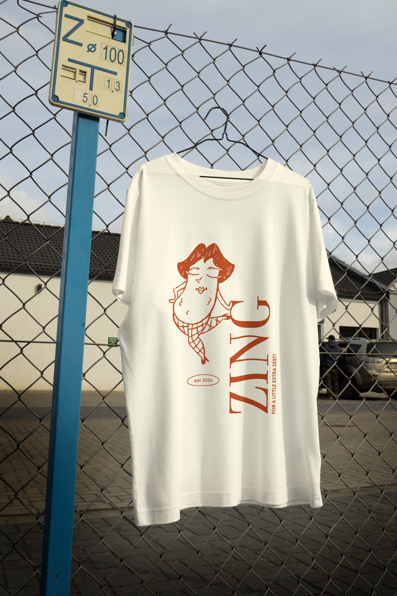 A white t-shirt with red details and a pickle in tights. 