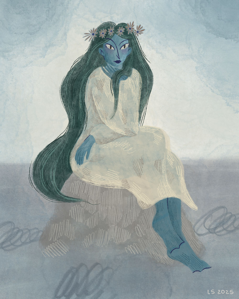 A young woman with long green hair, blue skin and a light white dress. 